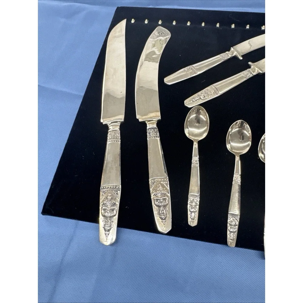 K Thailand Buddha 14 PC Flatware Set Brass  Knives And Tiny Spoons Vintage